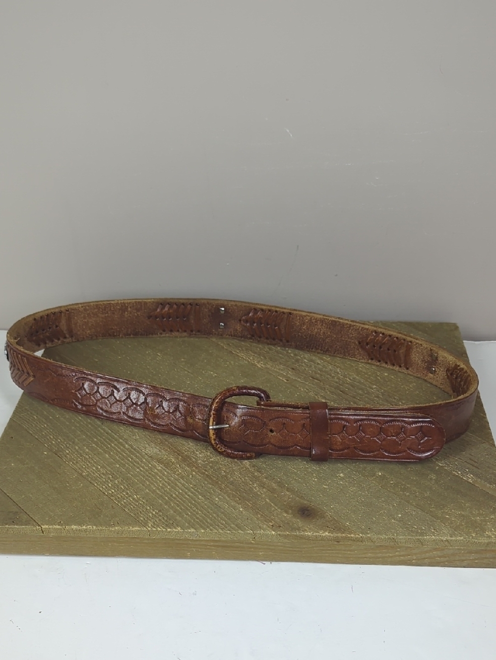 Tooled Brown Leather Belt with Decorative Buckle Western